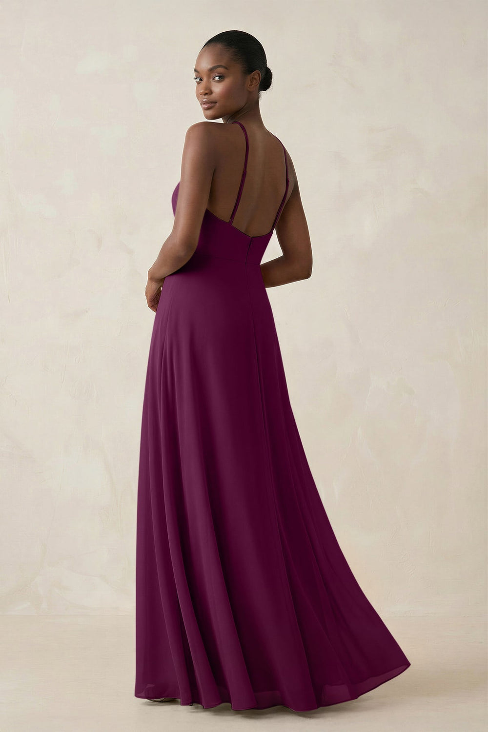 Sheath Halter Chiffon Bridesmaid Dress with Slit in Fig - KISS BRIDAL Bridesmaid Dresses