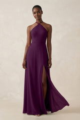 Sheath Halter Chiffon Bridesmaid Dress with Slit in Fig | KISSBRIDAL