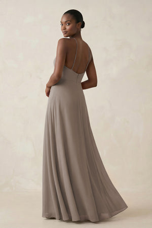 Sheath Halter Chiffon Bridesmaid Dress with Slit in Frost (2) | KISSBRIDAL