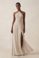 Sheath Halter Chiffon Bridesmaid Dress with Slit in Frost - SHE IS ME Bridesmaid Dresses