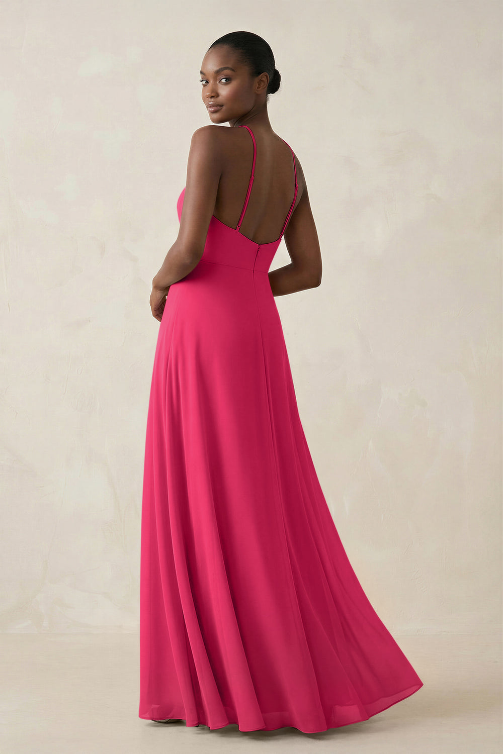 Sheath Halter Chiffon Bridesmaid Dress with Slit in Fuchsia