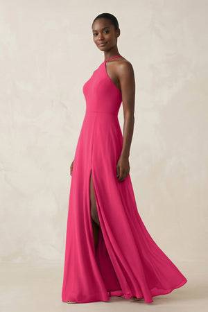 Sheath Halter Chiffon Bridesmaid Dress with Slit in Fuchsia (3) | KISSBRIDAL