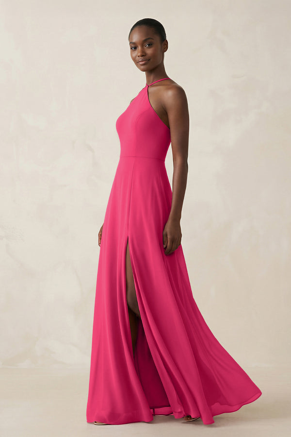 Sheath Halter Chiffon Bridesmaid Dress with Slit in Fuchsia (3) | KISSBRIDAL