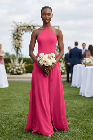 Sheath Halter Chiffon Bridesmaid Dress with Slit in Fuchsia (4) | KISSBRIDAL