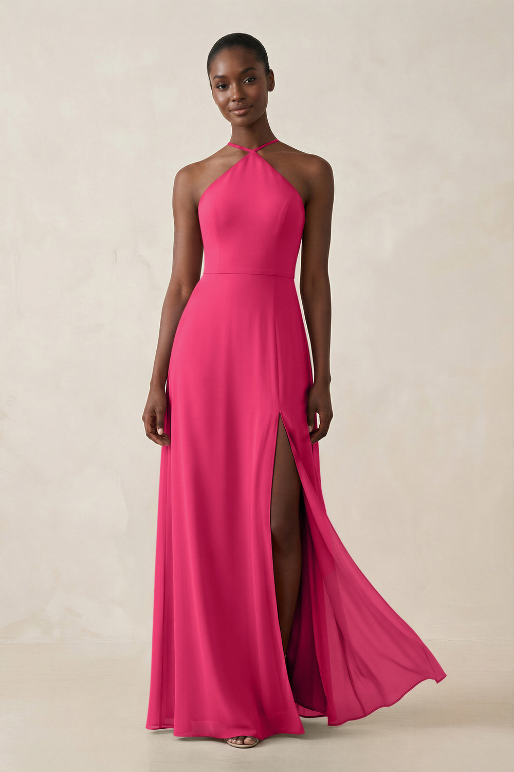 Sheath Halter Chiffon Bridesmaid Dress with Slit in Fuchsia
