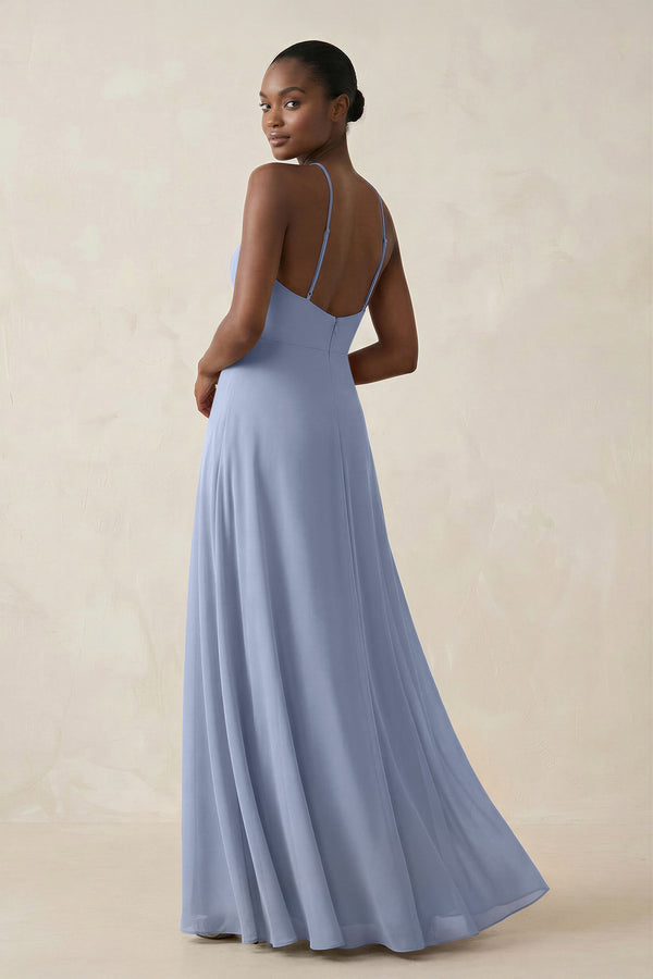 Sheath Halter Chiffon Bridesmaid Dress with Slit in Ice (2) | KISSBRIDAL