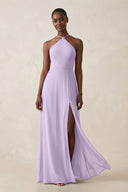Sheath Halter Chiffon Bridesmaid Dress with Slit in Lavender - SHE IS ME Bridesmaid Dresses