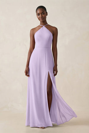 Sheath Halter Chiffon Bridesmaid Dress with Slit in Lavender - SHE IS ME Bridesmaid Dresses