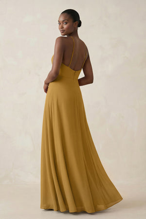 Sheath Halter Chiffon Bridesmaid Dress with Slit in Marigold (2) | KISSBRIDAL