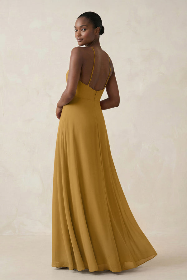 Sheath Halter Chiffon Bridesmaid Dress with Slit in Marigold (2) | KISSBRIDAL
