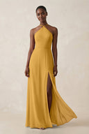 Sheath Halter Chiffon Bridesmaid Dress with Slit in Marigold - SHE IS ME Bridesmaid Dresses