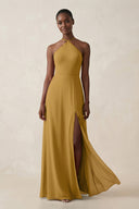 Sheath Halter Chiffon Bridesmaid Dress with Slit in Marigold | KISSBRIDAL