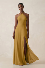 Sheath Halter Chiffon Bridesmaid Dress with Slit in Marigold | KISSBRIDAL