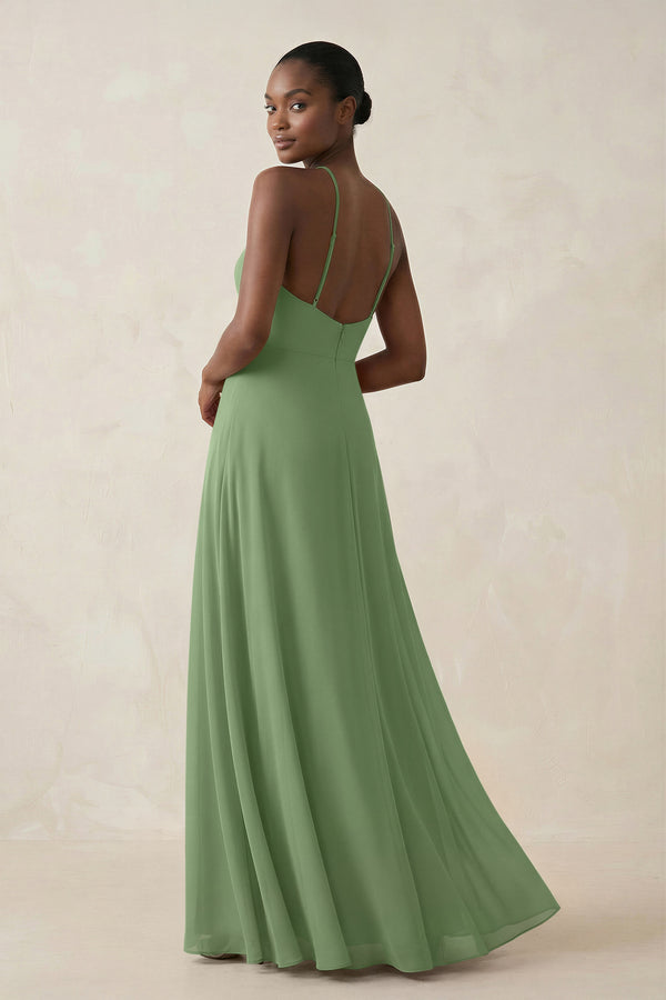 Sheath Halter Chiffon Bridesmaid Dress with Slit in Matcha (2) | KISSBRIDAL