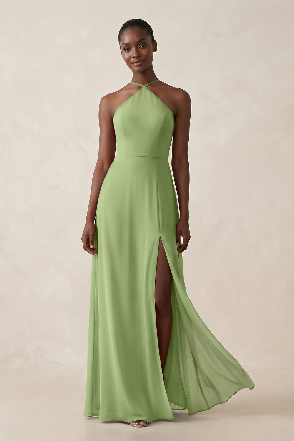 Sheath Halter Chiffon Bridesmaid Dress with Slit in Matcha - KISS BRIDAL Bridesmaid Dresses