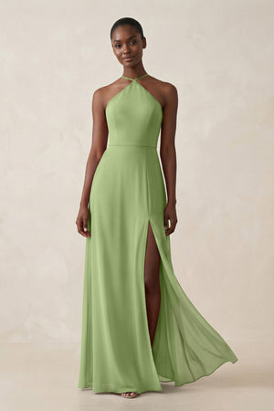 Sheath Halter Chiffon Bridesmaid Dress with Slit in Matcha - SHE IS ME Bridesmaid Dresses