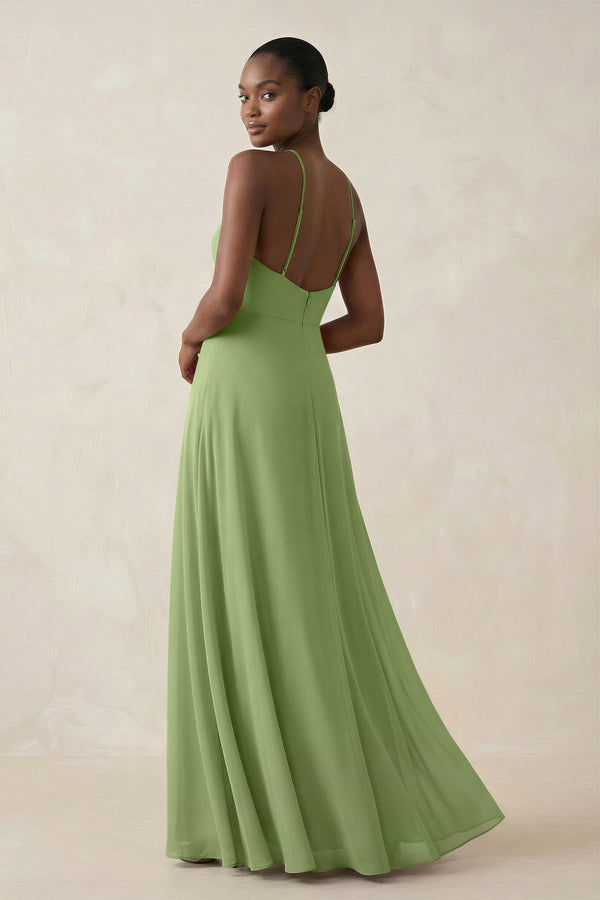 Sheath Halter Chiffon Bridesmaid Dress with Slit in Matcha - SHE IS ME Bridesmaid Dresses