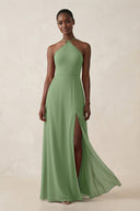 Sheath Halter Chiffon Bridesmaid Dress with Slit in Matcha | KISSBRIDAL