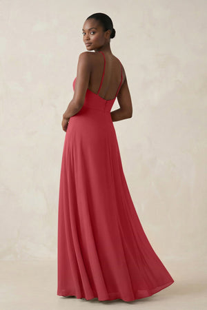 Sheath Halter Chiffon Bridesmaid Dress with Slit in Merlot - SHE IS ME Bridesmaid Dresses