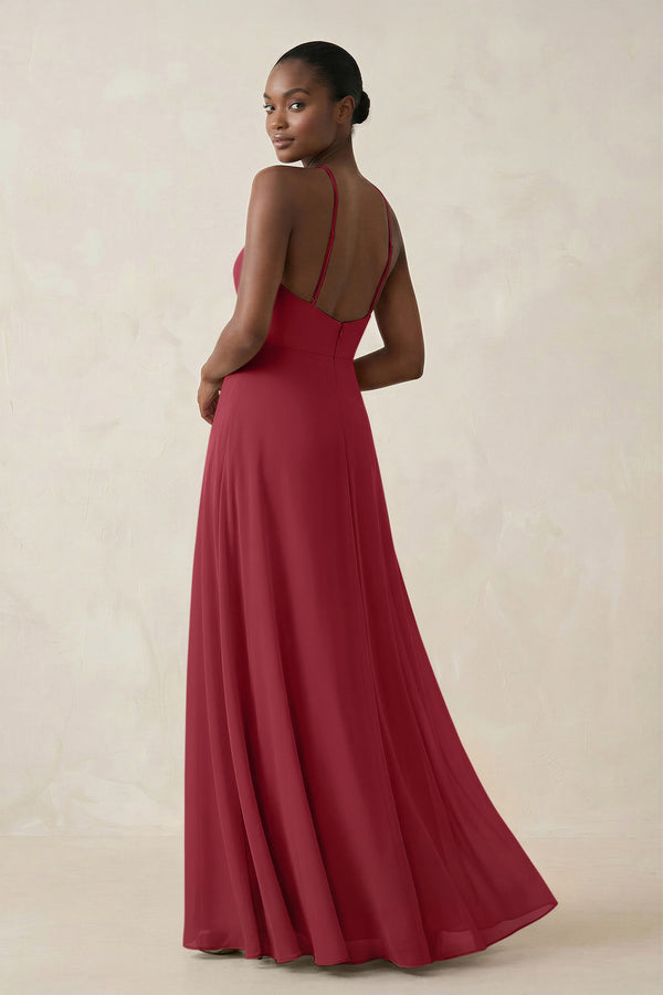Sheath Halter Chiffon Bridesmaid Dress with Slit in Merlot (2) | KISSBRIDAL