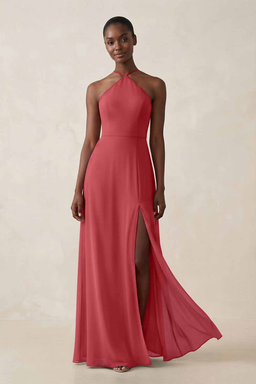 Sheath Halter Chiffon Bridesmaid Dress with Slit in Merlot - KISS BRIDAL Bridesmaid Dresses