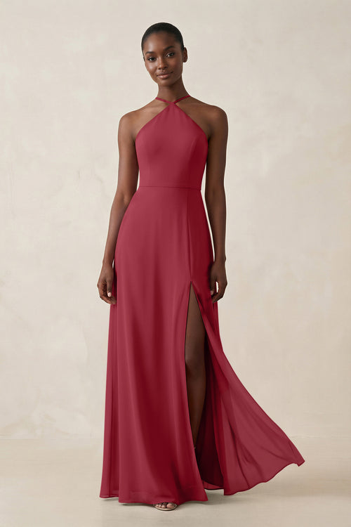 Sheath Halter Chiffon Bridesmaid Dress with Slit in Merlot | KISSBRIDAL
