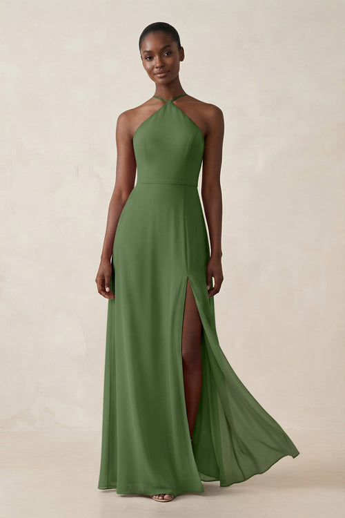 Sheath Halter Chiffon Bridesmaid Dress with Slit in Moss - SHE IS ME Bridesmaid Dresses