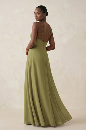 Sheath Halter Chiffon Bridesmaid Dress with Slit in Moss Green (2) | KISSBRIDAL