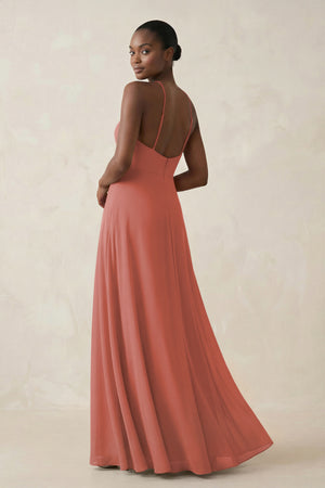 Sheath Halter Chiffon Bridesmaid Dress with Slit in Mulberry (2) | KISSBRIDAL