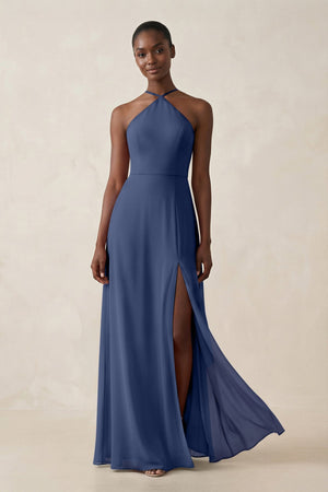 Sheath Halter Chiffon Bridesmaid Dress with Slit in Navy - SHE IS ME Bridesmaid Dresses