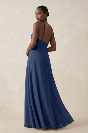 Sheath Halter Chiffon Bridesmaid Dress with Slit in Navy - SHE IS ME Bridesmaid Dresses