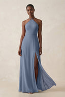 Sheath Halter Chiffon Bridesmaid Dress with Slit in Neptune - SHE IS ME Bridesmaid Dresses