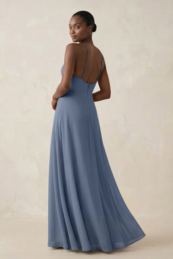 Sheath Halter Chiffon Bridesmaid Dress with Slit in Neptune - SHE IS ME Bridesmaid Dresses