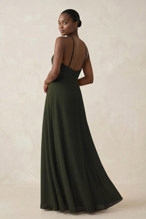 Sheath Halter Chiffon Bridesmaid Dress with Slit in Olive (2) | KISSBRIDAL