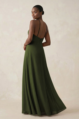 Sheath Halter Chiffon Bridesmaid Dress with Slit in Olive - SHE IS ME Bridesmaid Dresses