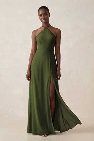 Sheath Halter Chiffon Bridesmaid Dress with Slit in Olive - SHE IS ME Bridesmaid Dresses