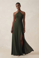 Sheath Halter Chiffon Bridesmaid Dress with Slit in Olive | KISSBRIDAL