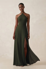 Sheath Halter Chiffon Bridesmaid Dress with Slit in Olive | KISSBRIDAL