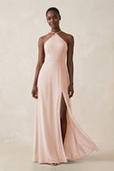 Sheath Halter Chiffon Bridesmaid Dress with Slit in Pale Blush - SHE IS ME Bridesmaid Dresses