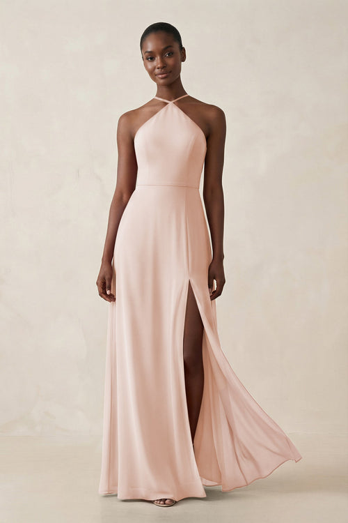 Sheath Halter Chiffon Bridesmaid Dress with Slit in Pale Blush - SHE IS ME Bridesmaid Dresses