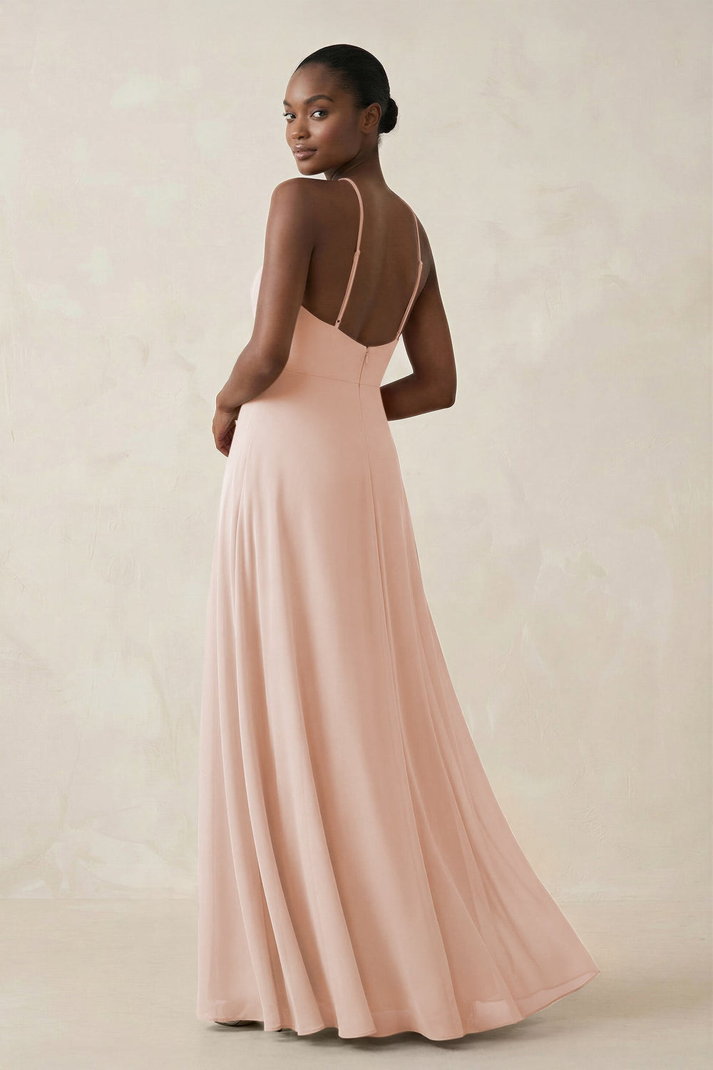 Sheath Halter Chiffon Bridesmaid Dress with Slit in Pale Blush - KISS BRIDAL Bridesmaid Dresses