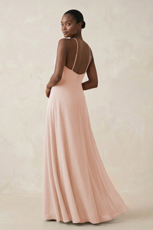 Sheath Halter Chiffon Bridesmaid Dress with Slit in Pale Blush - SHE IS ME Bridesmaid Dresses