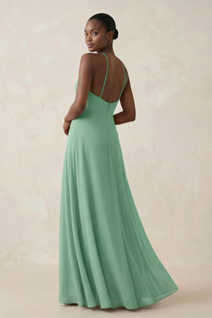 Sheath Halter Chiffon Bridesmaid Dress with Slit in Pale Pistachio (2) | KISSBRIDAL