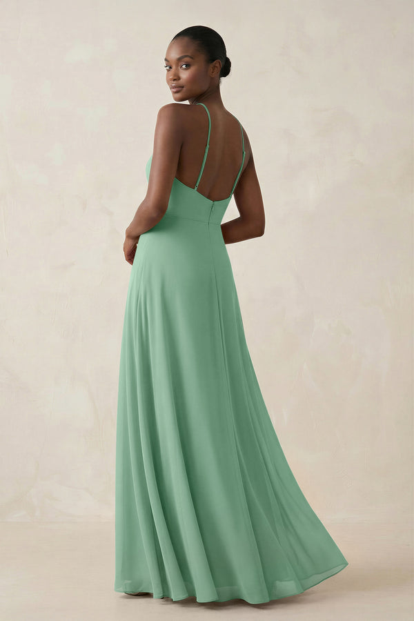 Sheath Halter Chiffon Bridesmaid Dress with Slit in Pale Pistachio (2) | KISSBRIDAL