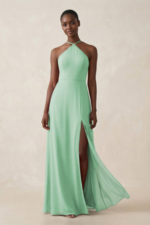 Sheath Halter Chiffon Bridesmaid Dress with Slit in Pale Pistachio - SHE IS ME Bridesmaid Dresses