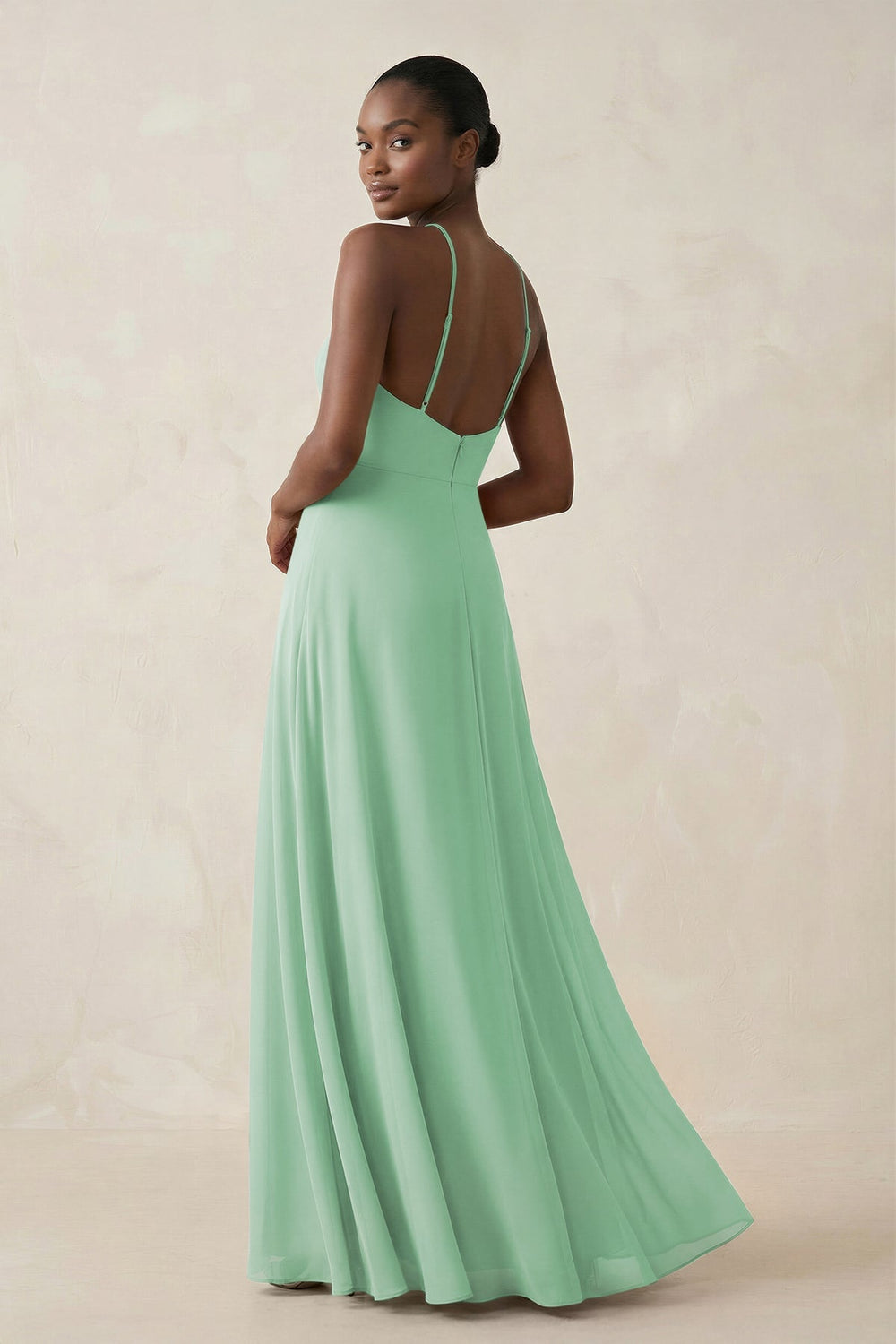 Sheath Halter Chiffon Bridesmaid Dress with Slit in Pale Pistachio - KISS BRIDAL Bridesmaid Dresses