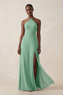 Sheath Halter Chiffon Bridesmaid Dress with Slit in Pale Pistachio | KISSBRIDAL