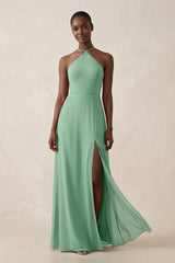 Sheath Halter Chiffon Bridesmaid Dress with Slit in Pale Pistachio | KISSBRIDAL