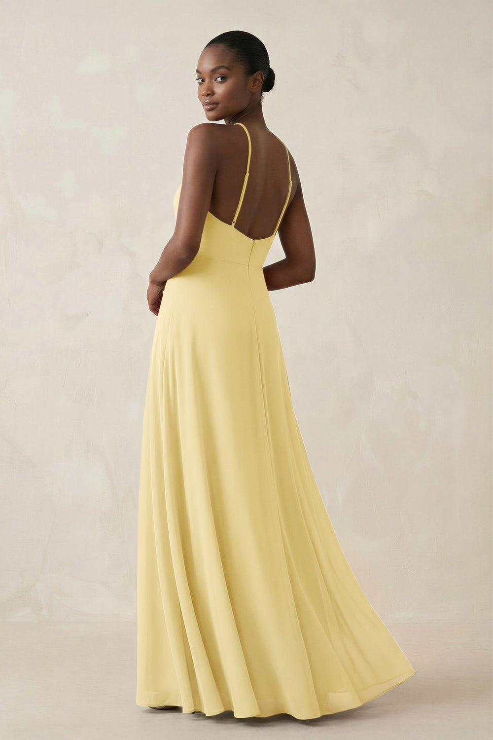 Sheath Halter Chiffon Bridesmaid Dress with Slit in Pastel Yellow - KISS BRIDAL Bridesmaid Dresses