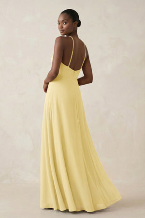 Sheath Halter Chiffon Bridesmaid Dress with Slit in Pastel Yellow - SHE IS ME Bridesmaid Dresses